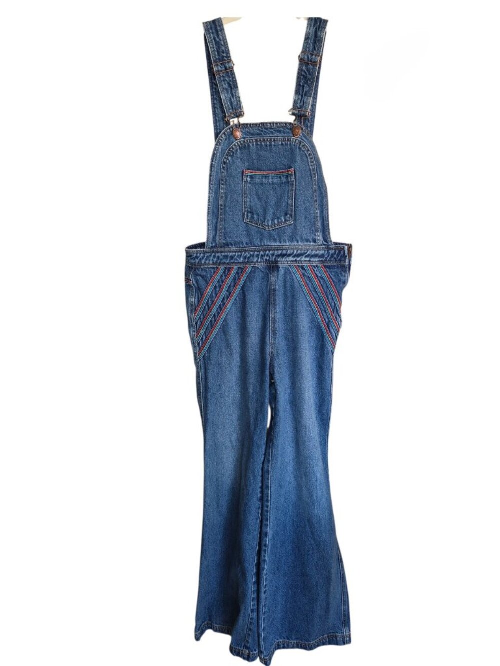 Free People Chasing Rainbows Overalls Size 6 Blue Denim Flare Rainbow Stitch Bib - Picture 4 of 16